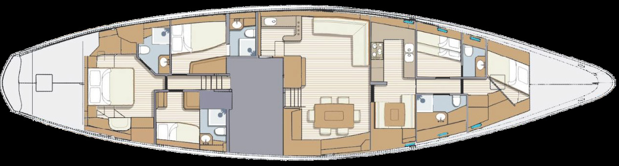 Chardonnay general arrangement — master, two twin guest cabins, salon and crew quarters
