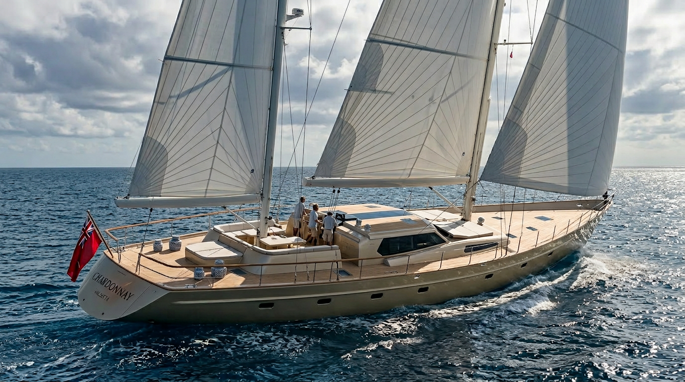 Chardonnay under sail, broadside view