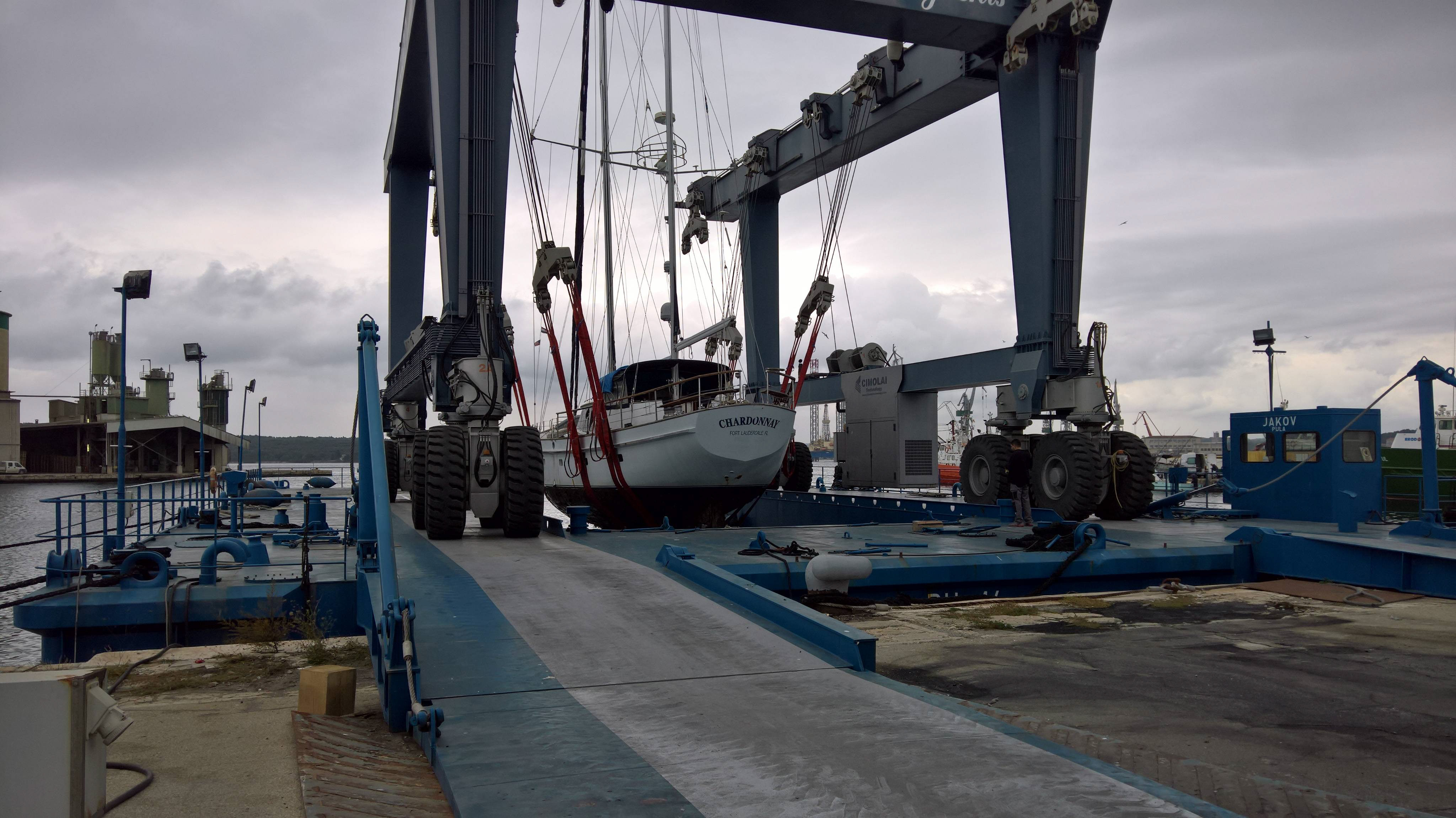 Chardonnay being lifted at the Croatian shipyard during refit